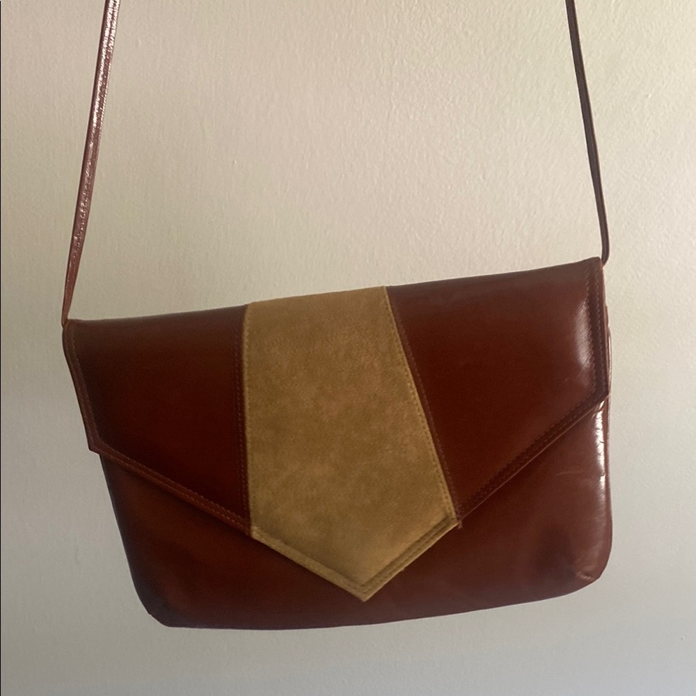 Chic Brown and Tan Crossbody Bag with Geometric Suede Accent